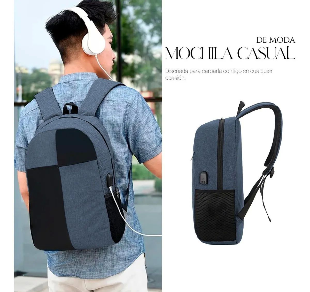 Mochila Para Laptop Carga Usb Negra con Azul