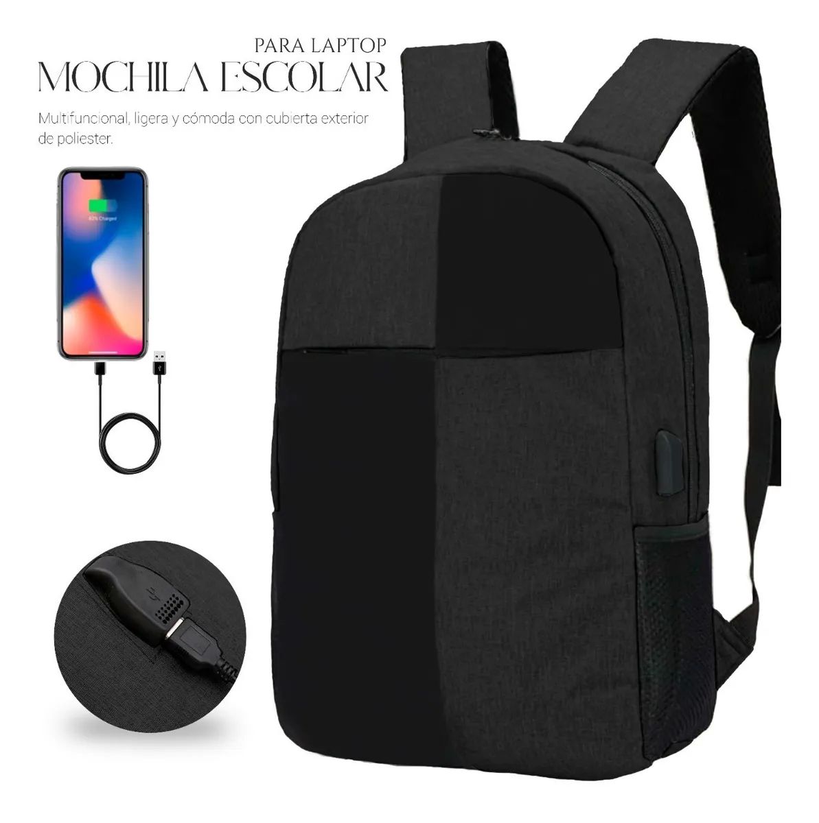 Mochila Para Laptop Carga Usb Negra De Cuadros