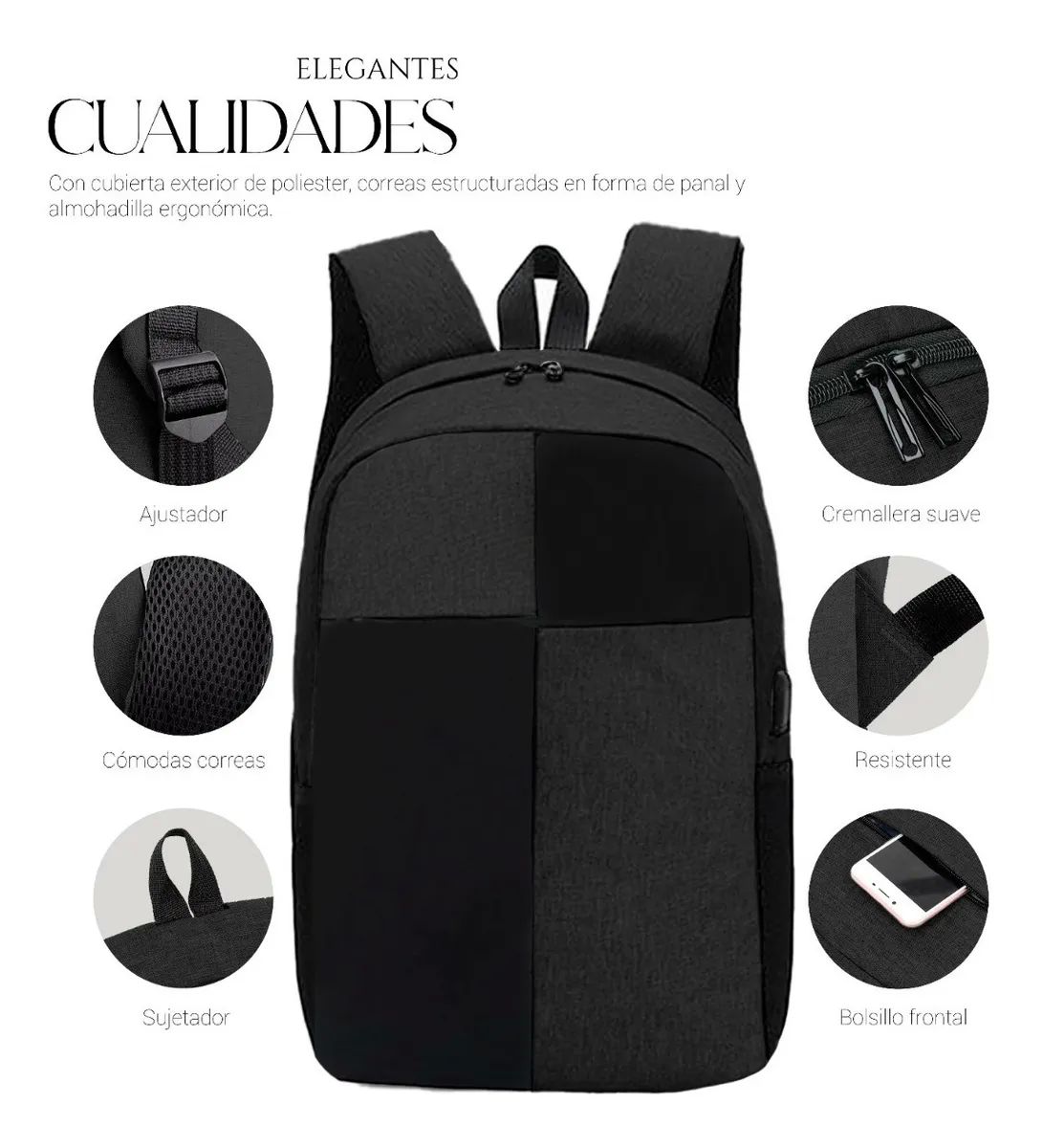 Mochila Para Laptop Carga Usb Negra De Cuadros