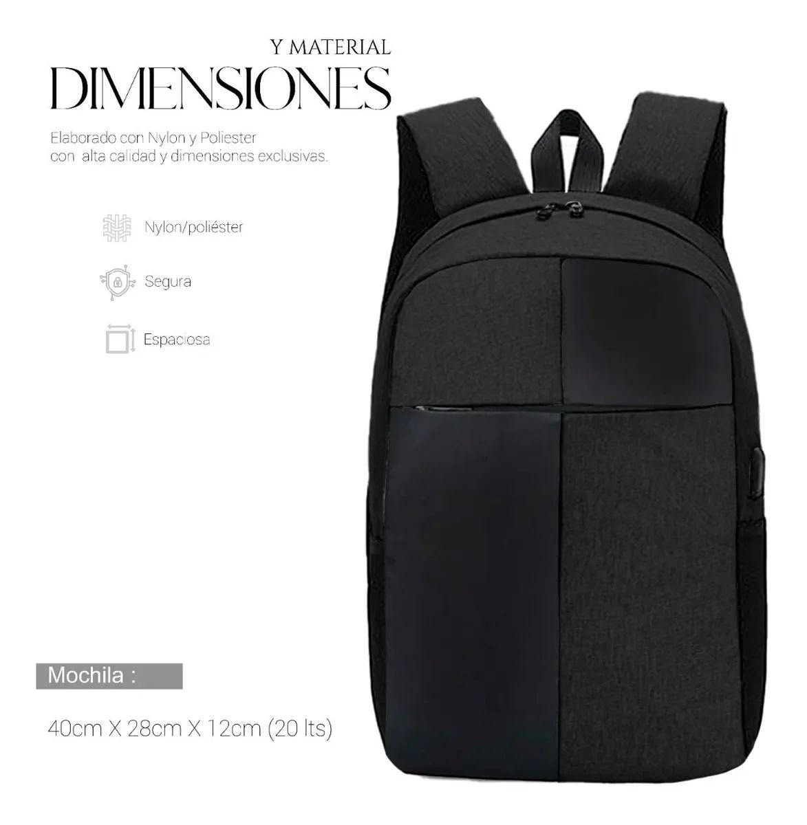 Mochila Para Laptop Carga Usb Negra De Cuadros