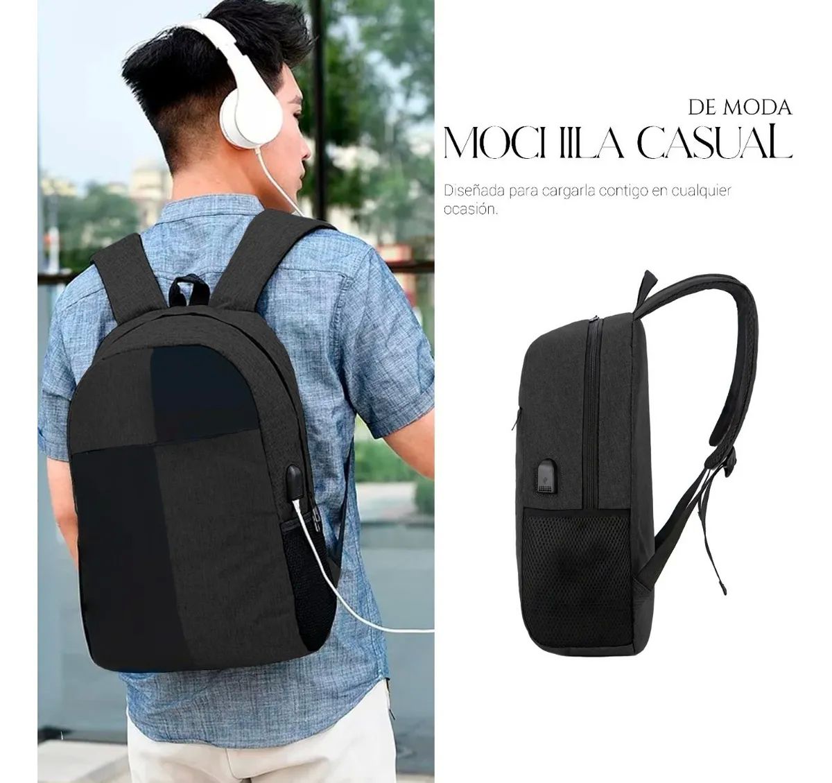 Mochila Para Laptop Carga Usb Negra De Cuadros