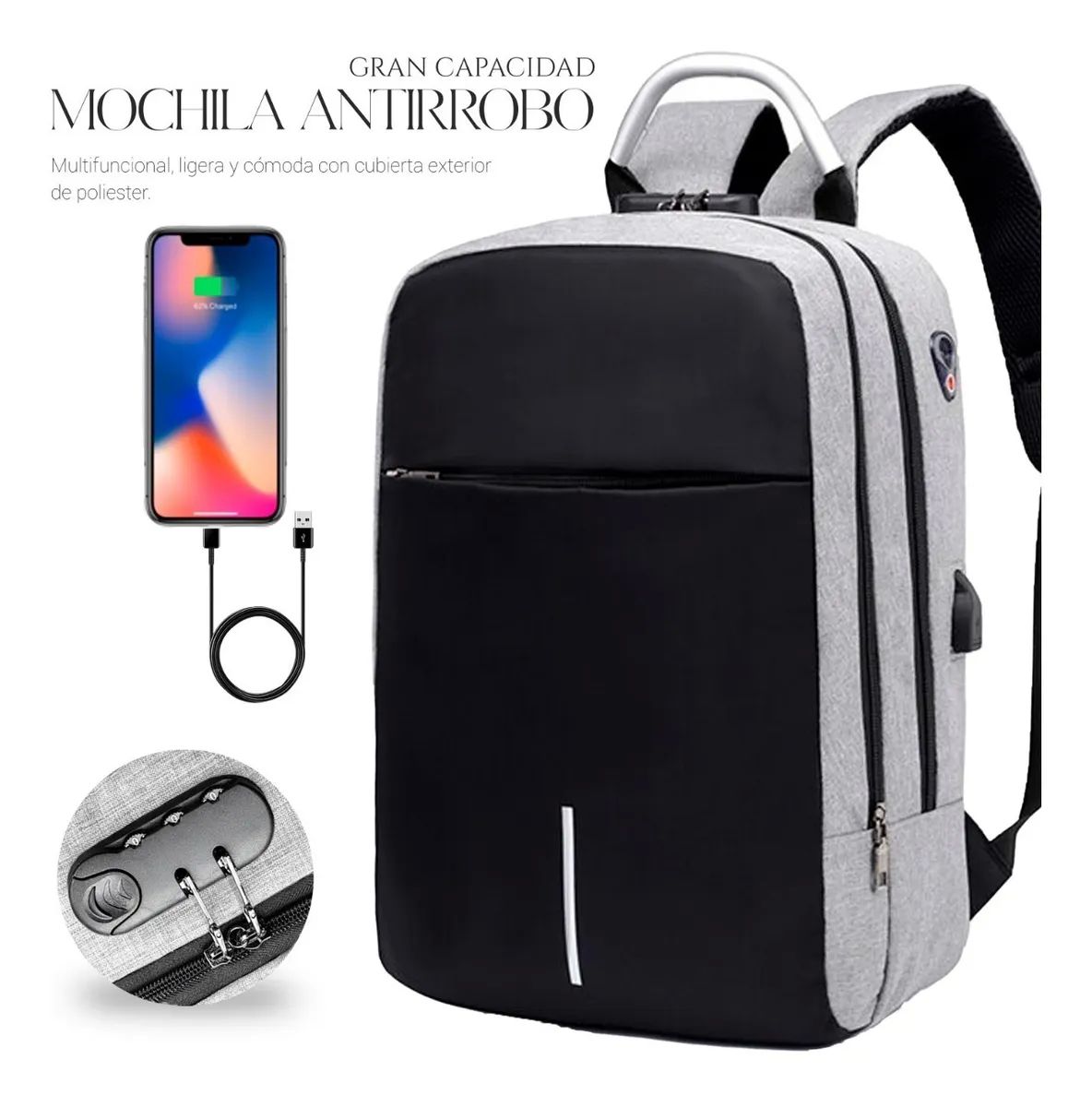 Mochila Impermeable Antirrobo Negra con Gris