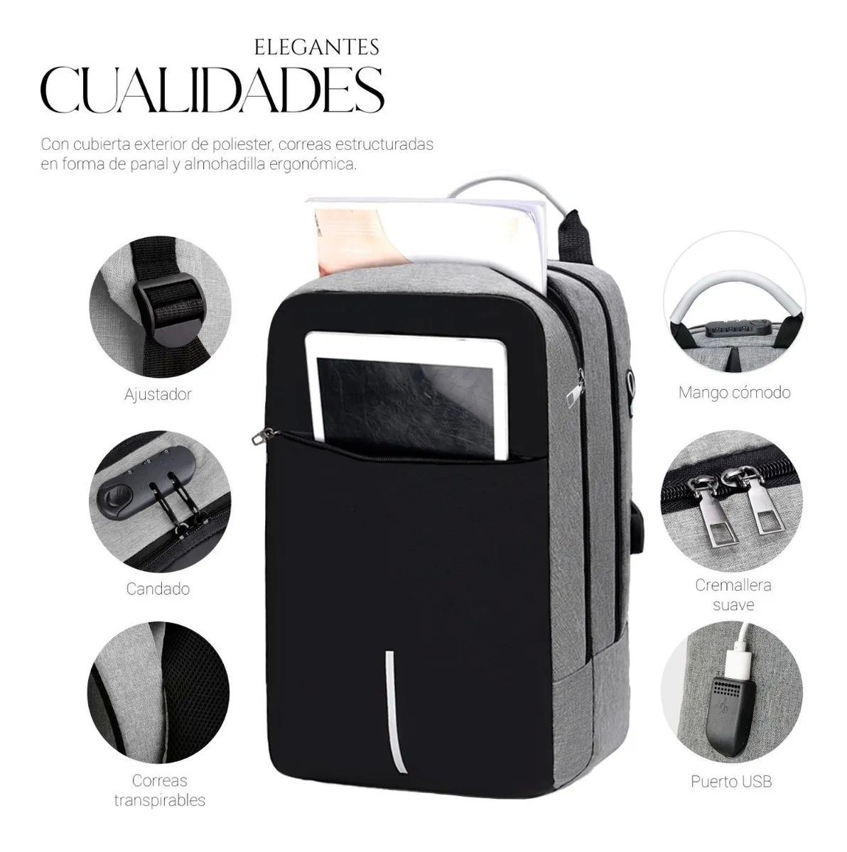 Mochila Impermeable Antirrobo Negra con Gris