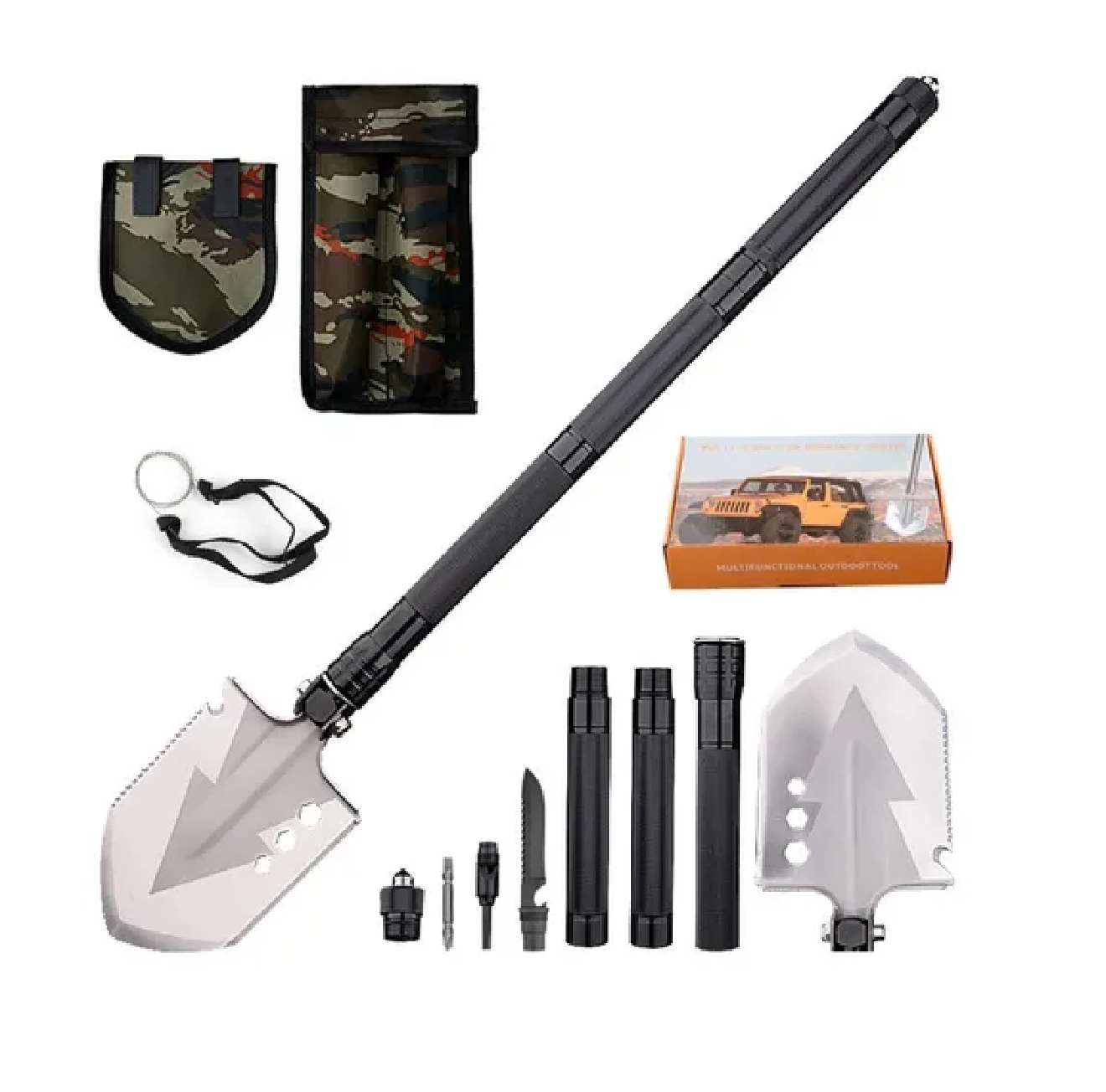 Pala Plegable Táctico Multiuso Con Cuchillo Pedernal Sierra Negro