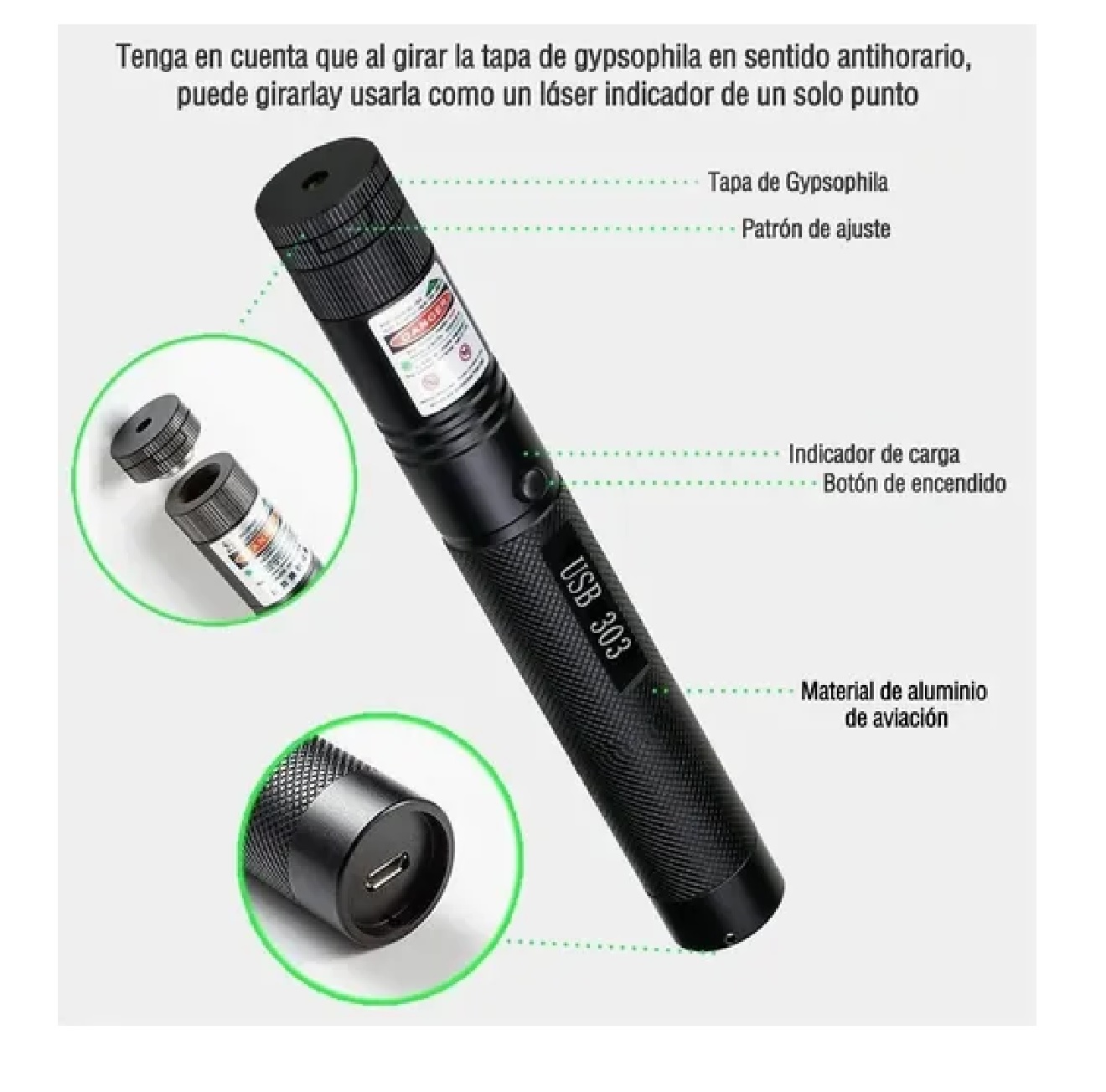 Usb Patrón Puntero Láser Recargable Verde