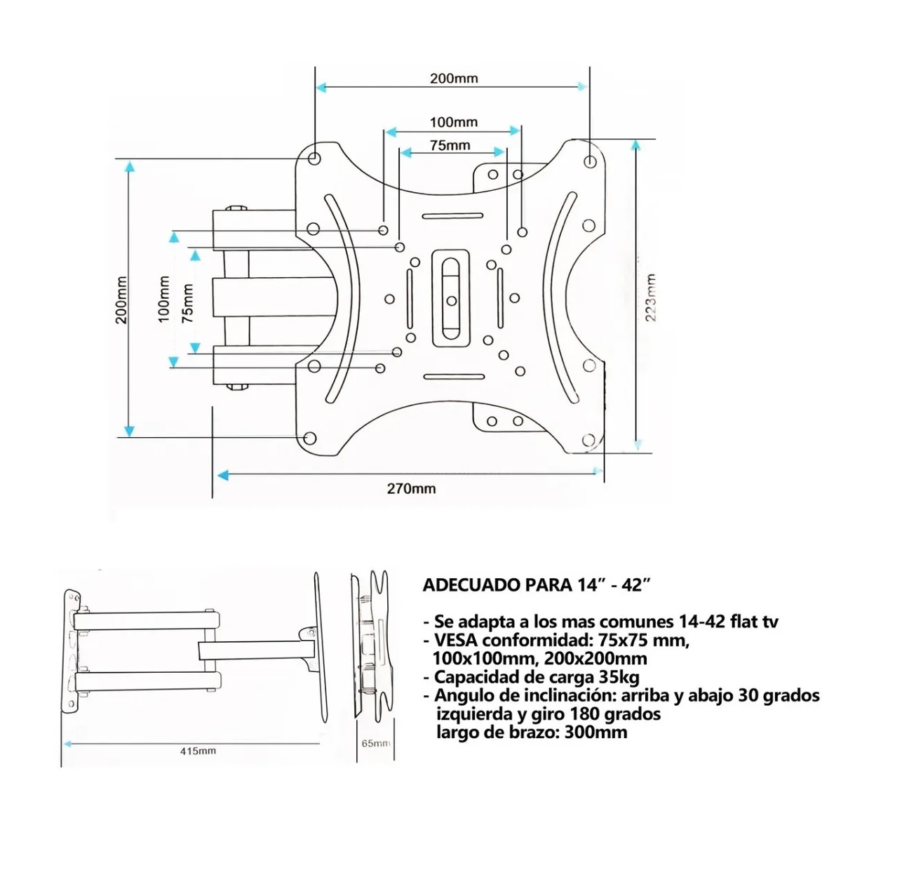 Soporte Pantalla Tv Pared 14 A 42 Pulgadas Brazo Articu