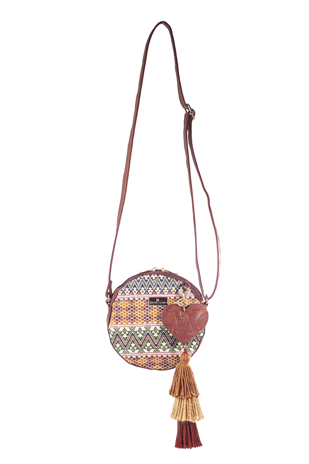 Bolso tipo Crossbody A ÁNGELOZANO de Piel Vacuna con bordado artesanal de Chiapas, Modelo Rosy