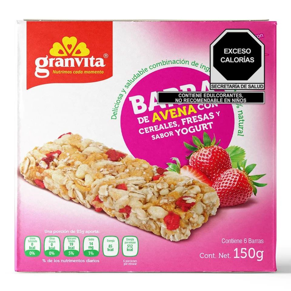 Barritas De Avena Integral Con Yoghurt De Fresa Granvita 6 piezas