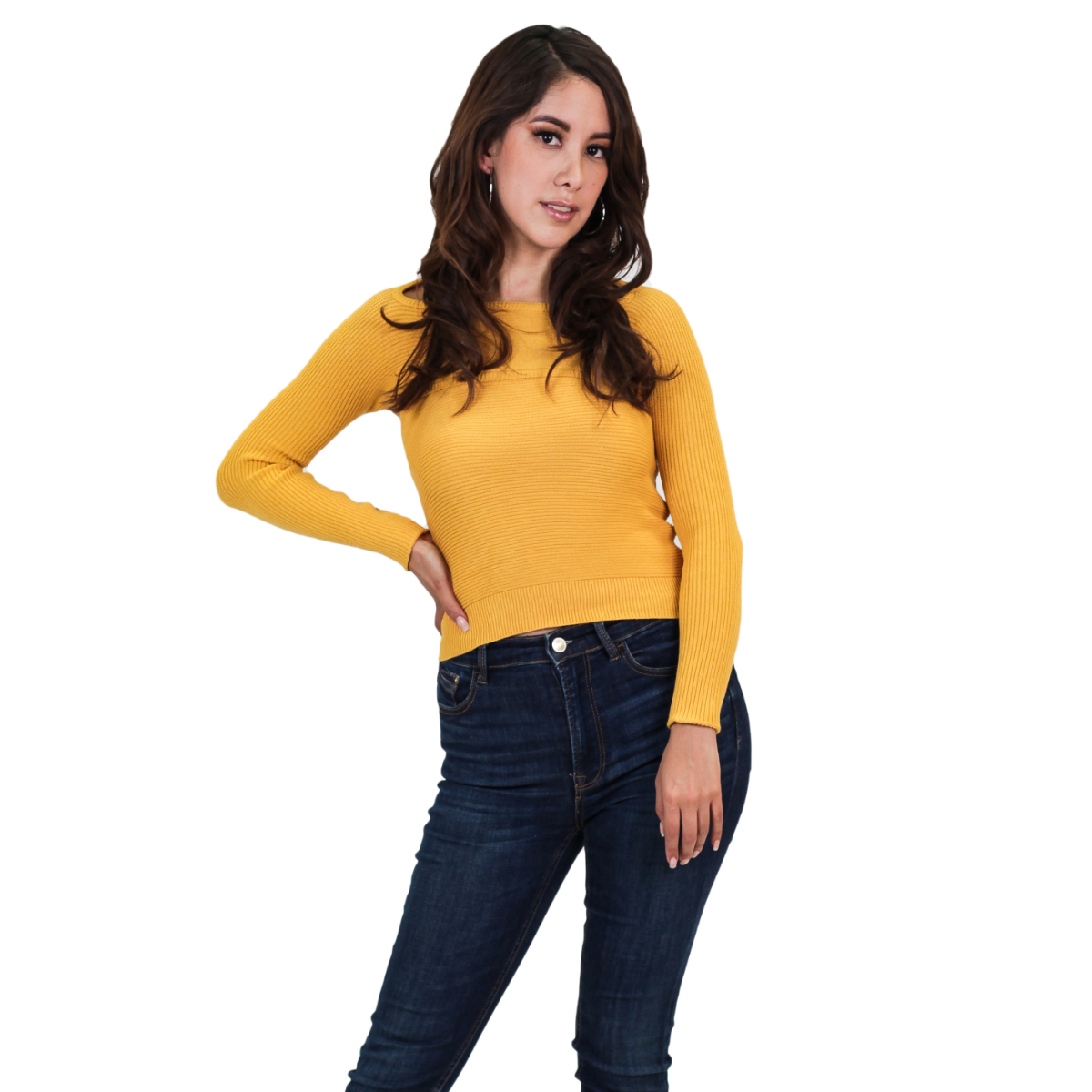 Sueter Liso Con Texturas En Las Mangas Para Mujer 63 - Mostaza