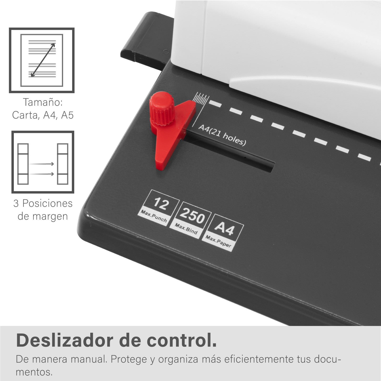 Engargoladora de 21 Agujeros Encuadernación de 250 Hojas Margen Ajustable para Tamaño Carta y A4