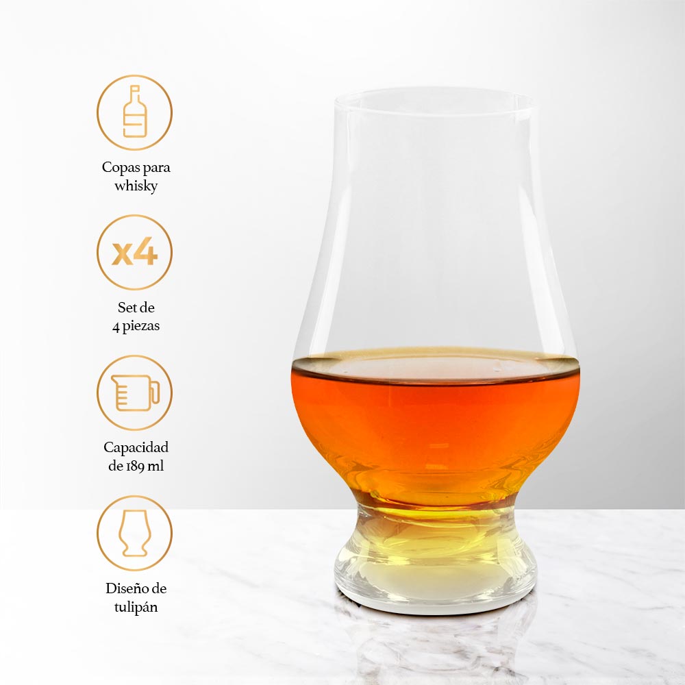 Copas de Cristal para Degustar Whiskey Tequila 4 Piezas Whiskey Town