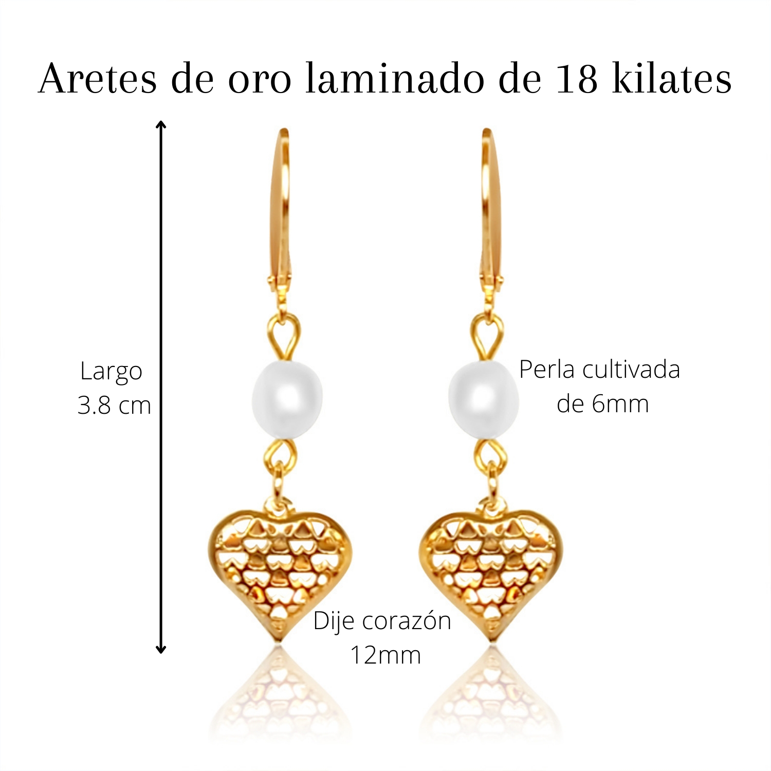Aretes Corazón Ideas Cristal Oro Laminado 18K con Perla