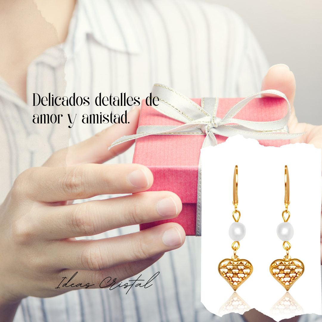 Aretes Corazón Ideas Cristal Oro Laminado 18K con Perla