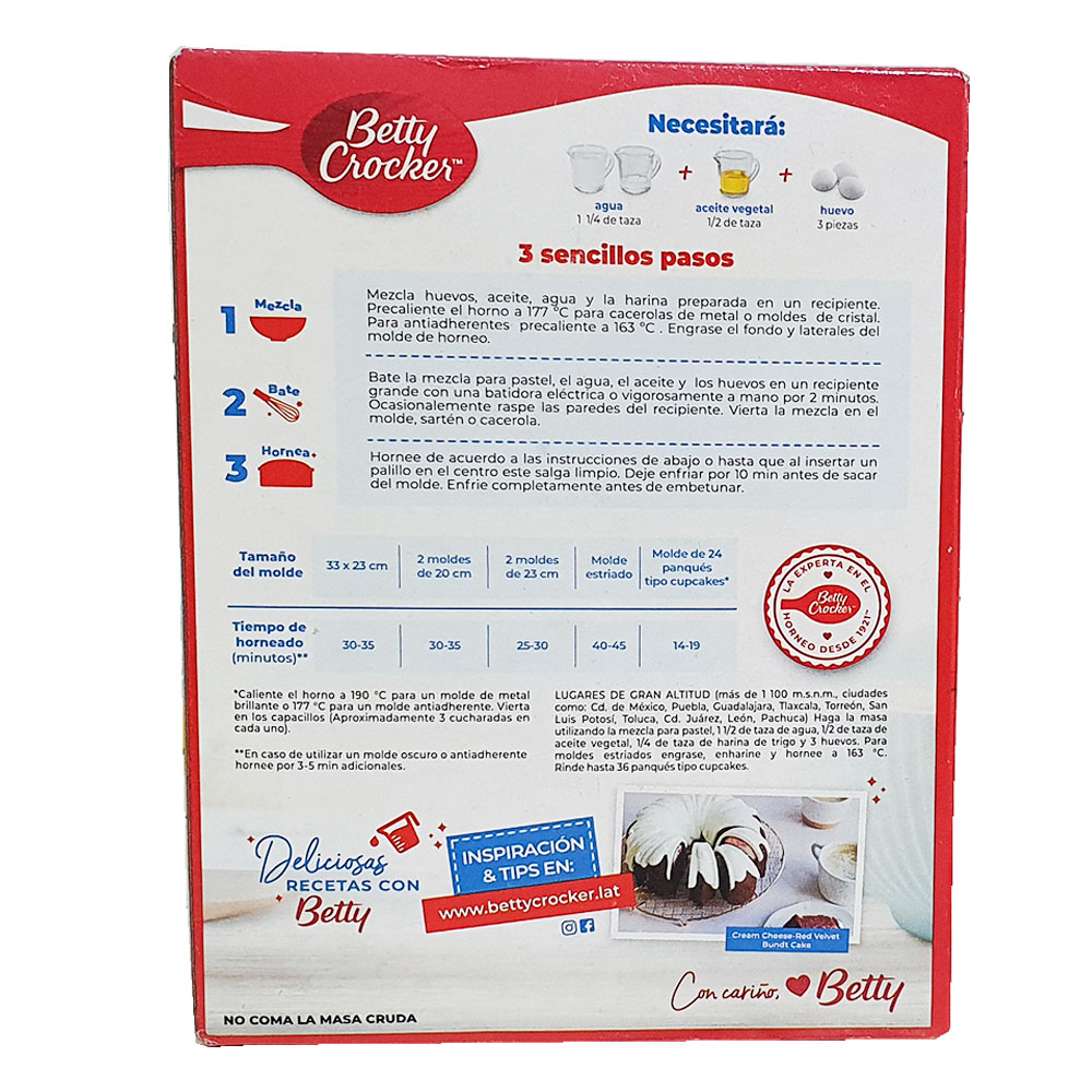Harina Pastel De Red Velvet Betty Crocker Preparar 432g