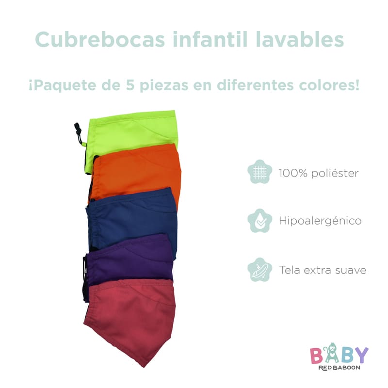 Cubrebocas de Tela Multicolor Niños Reutilizable, 5 Pz Multicolor, Baby Red Baboon