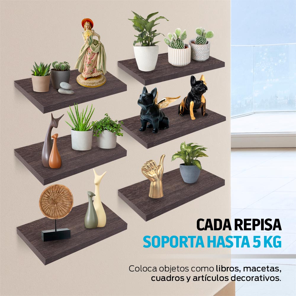 6 Repisas Flotantes de Madera Minimalistas 30x15cm Para Pared Redlemon