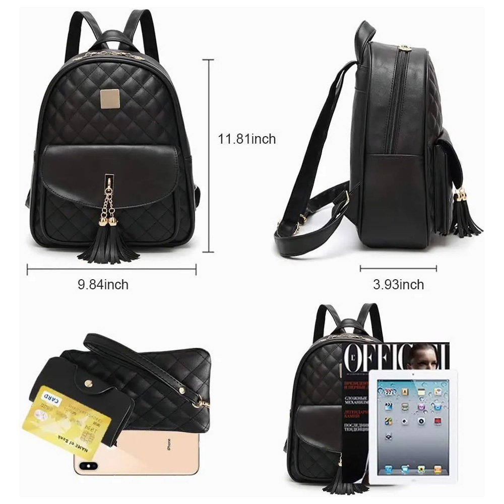Kit Mochila Moda Casual Bolso Urbana Para Mujer, 3 Piezas, Color Negro