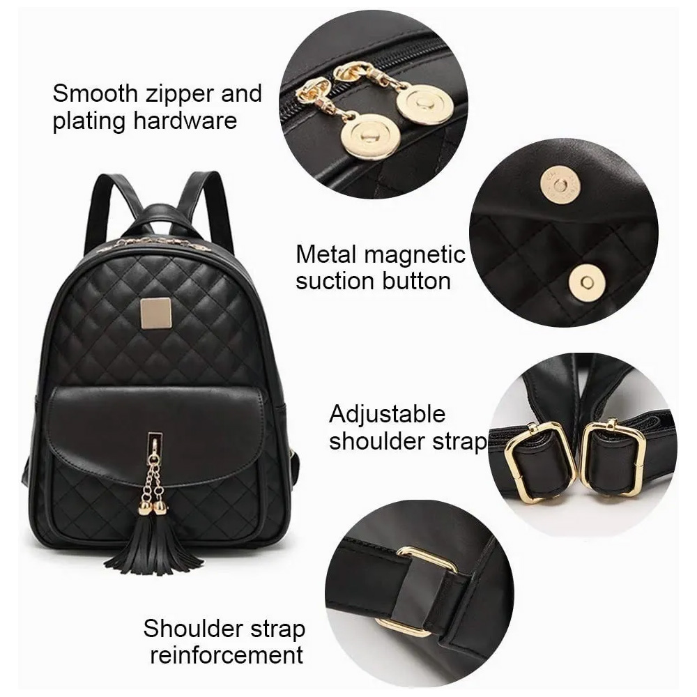 Kit Mochila Moda Casual Bolso Urbana Para Mujer, 3 Piezas, Color Negro