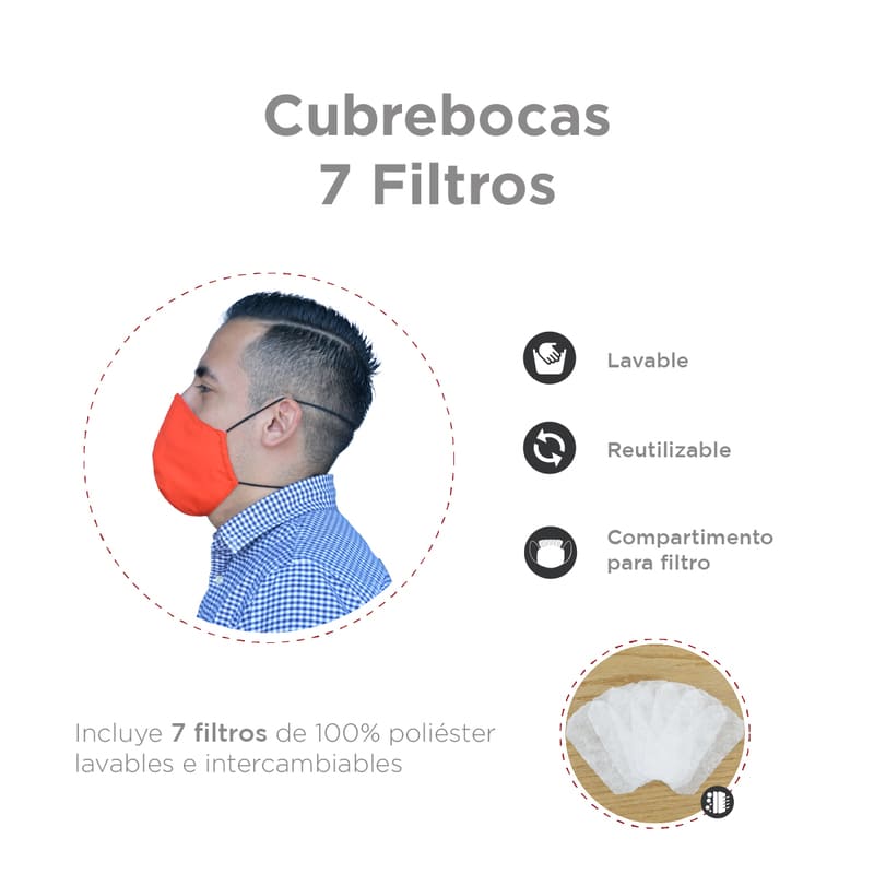 Cubrebocas Reutilizable de Tela Lavable, Mascarilla Tapabocas con 7 Filtros Red Baboon