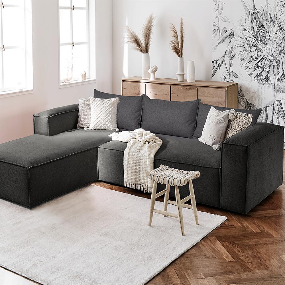 SALA ESQUINERA MODELO DUFFLE CON CHAISE IZQUIERDO COLOR GRIS OXFORD