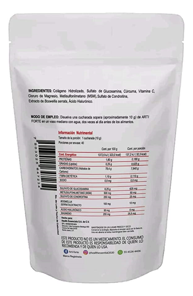 ARTIFORTE (Colágeno ,Glucosamina, Condroitina, MSM, Cloruro de Magnesio, Ácido Hialurónico) POLVO 400G, HEALTH ESSENTIAL SA DE CV, 1016, Huesos y Articulaciones más Fuertes para que te Sientas Mejor, Blanco