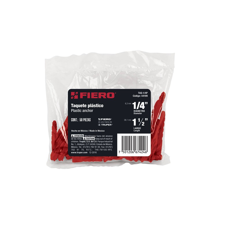 Bolsa con 50 taquetes de plástico 1/4", Fiero