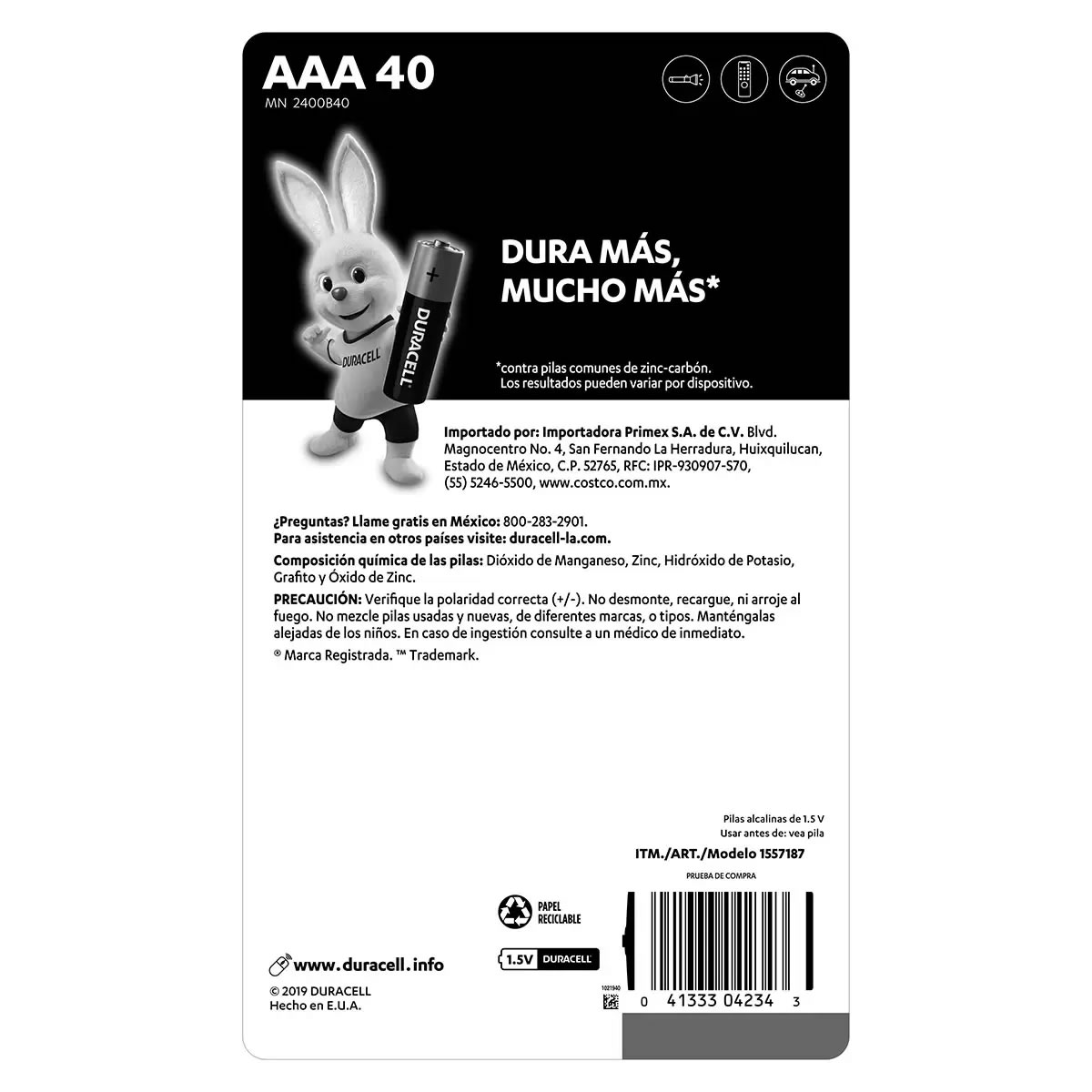 Pilas Alcalinas AAA de 40 piezas 1.5 V Duracell 1557187 CST