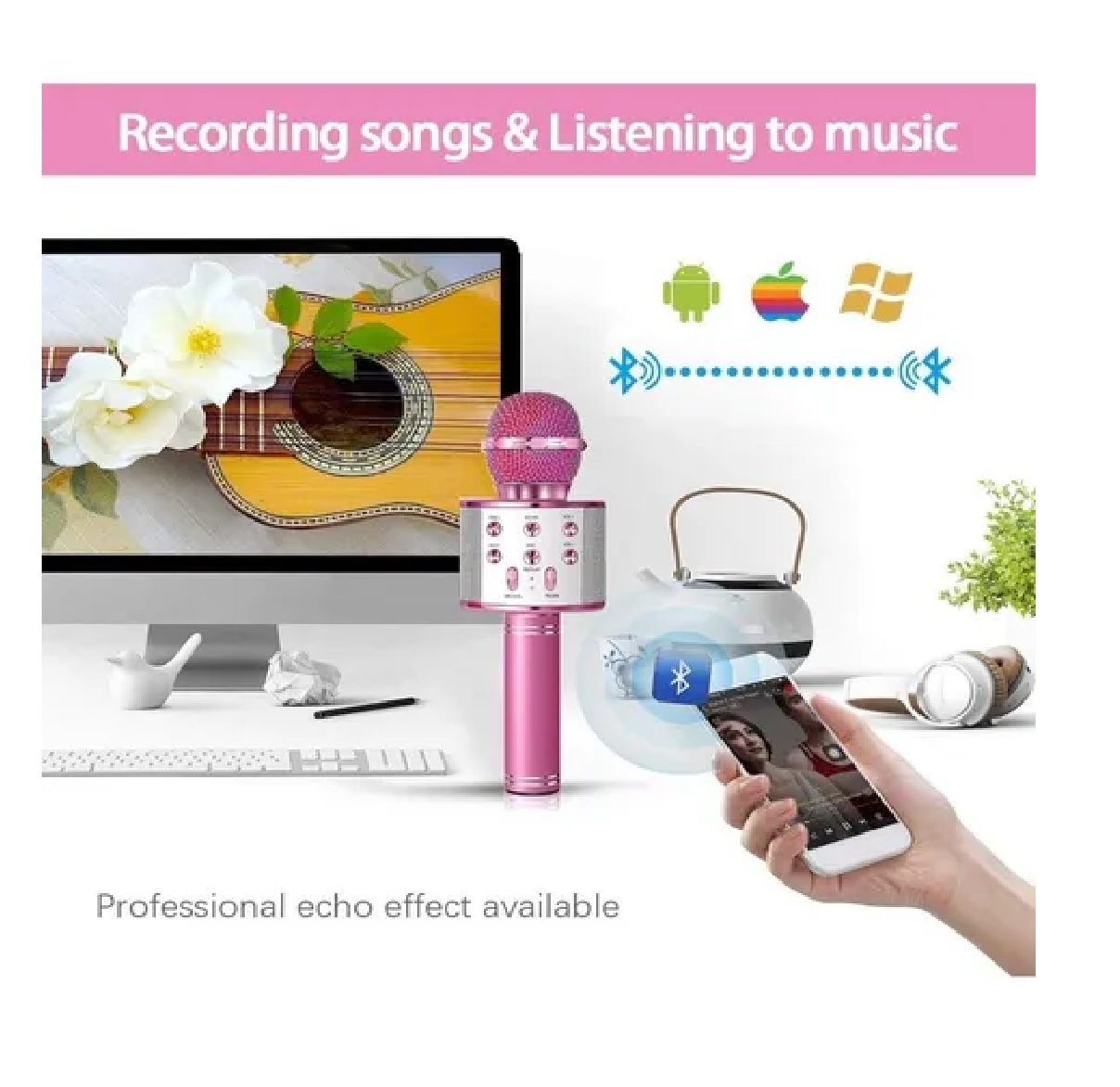 Micrófono De Karaoke Inalámbrico Con Bluetooth Y Bocina Rosa