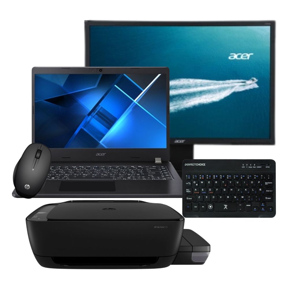 Laptop Acer Travelmate P2 + Impresora HP + Monitor Acer V6 + Mouse HP + Mini Teclado Inalámbrico