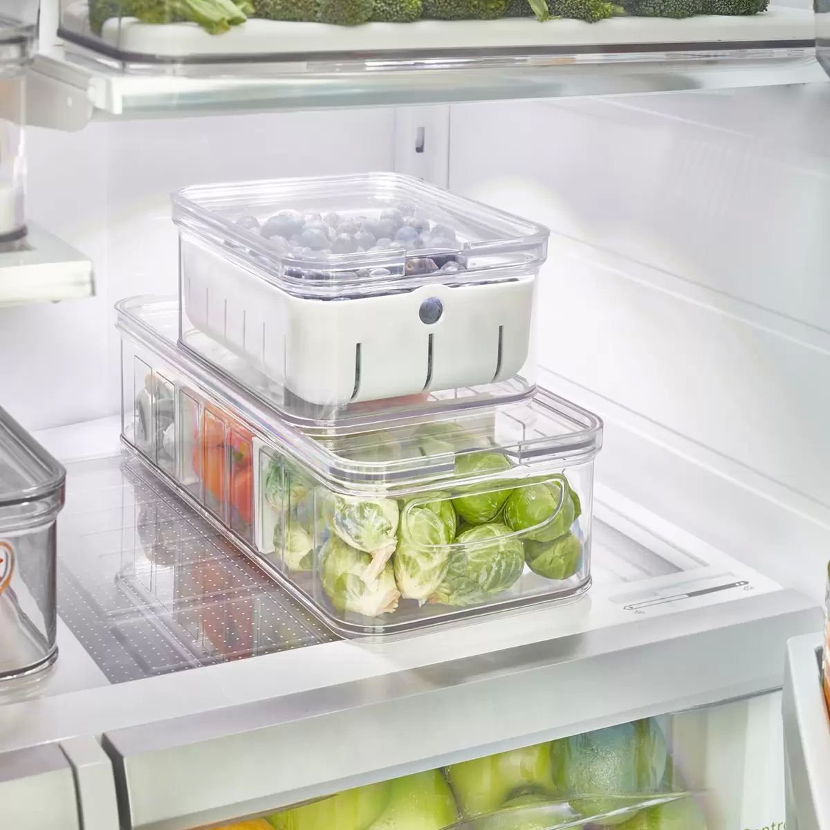 Refrigerador con varios contenedores y etiquetas para el