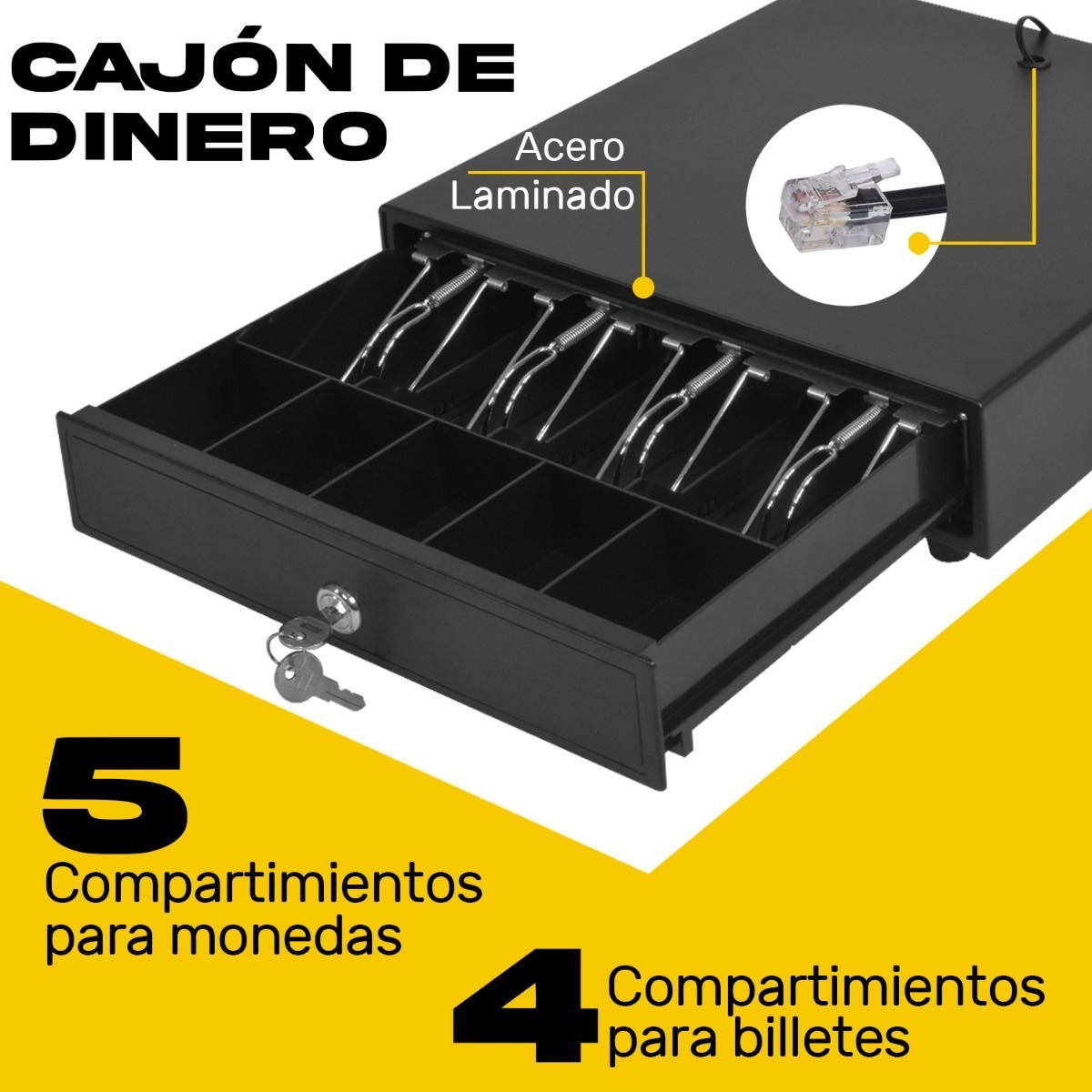 Cajon De Dinero Metalico 4 Billetes 5 Monedas Cable Rj11