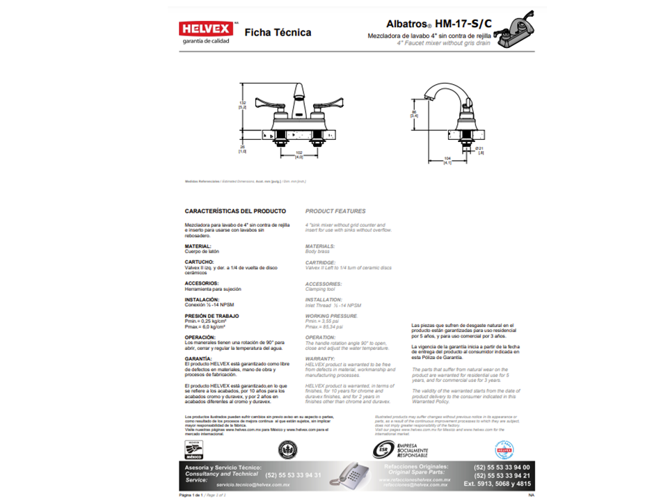 MEZCLADORA DE LAVABO ALBATROS HM-17 S/C HELVEX COLOR CROMO