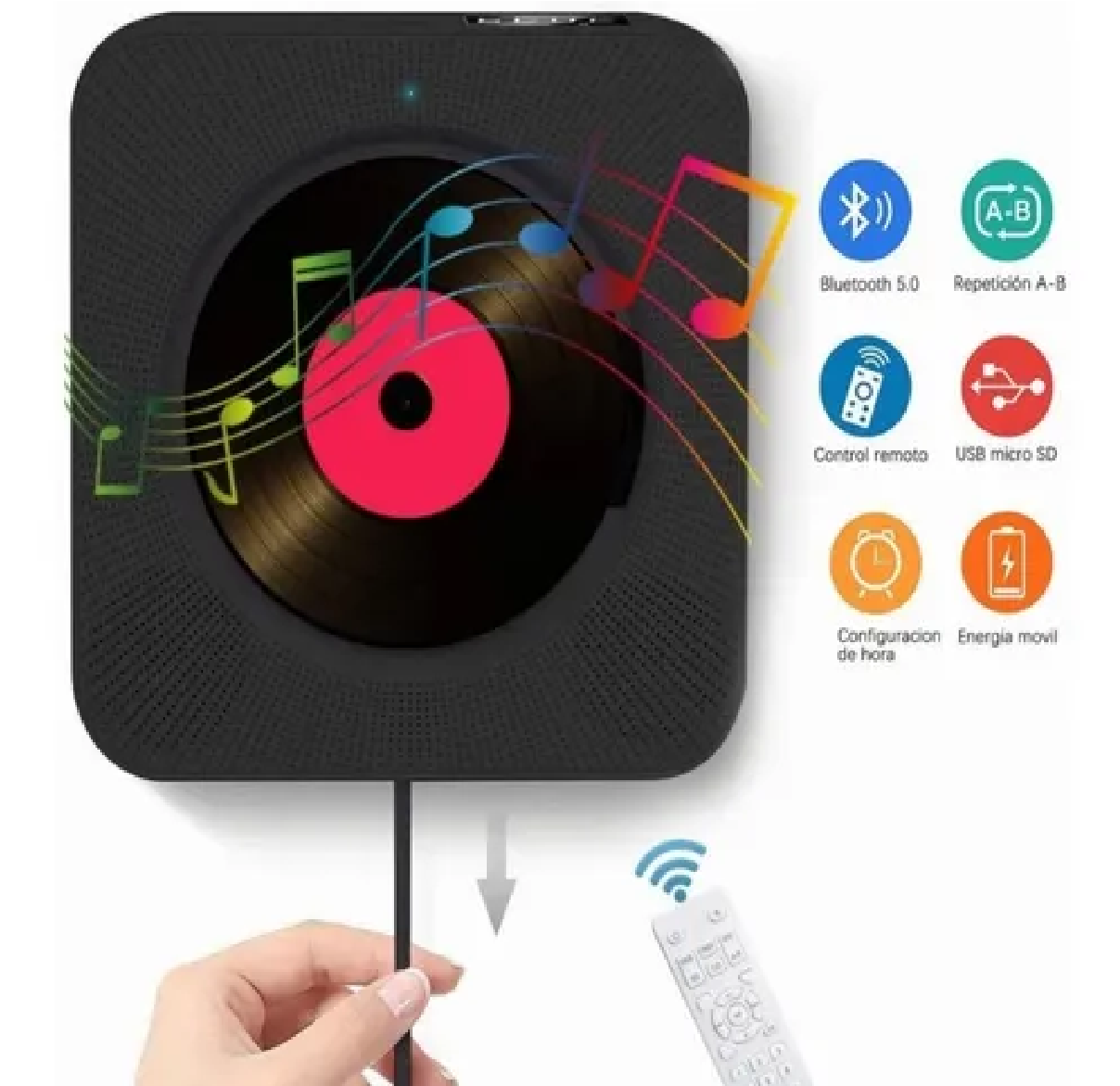 Reproductor Cd Player Portatil Bluetooth De Pared Negro