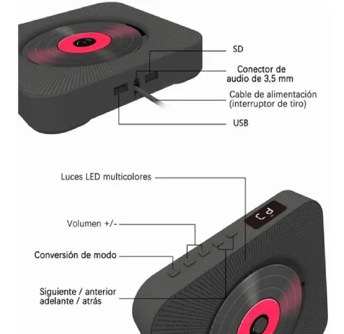Reproductor Cd Player Portatil Bluetooth De Pared Negro