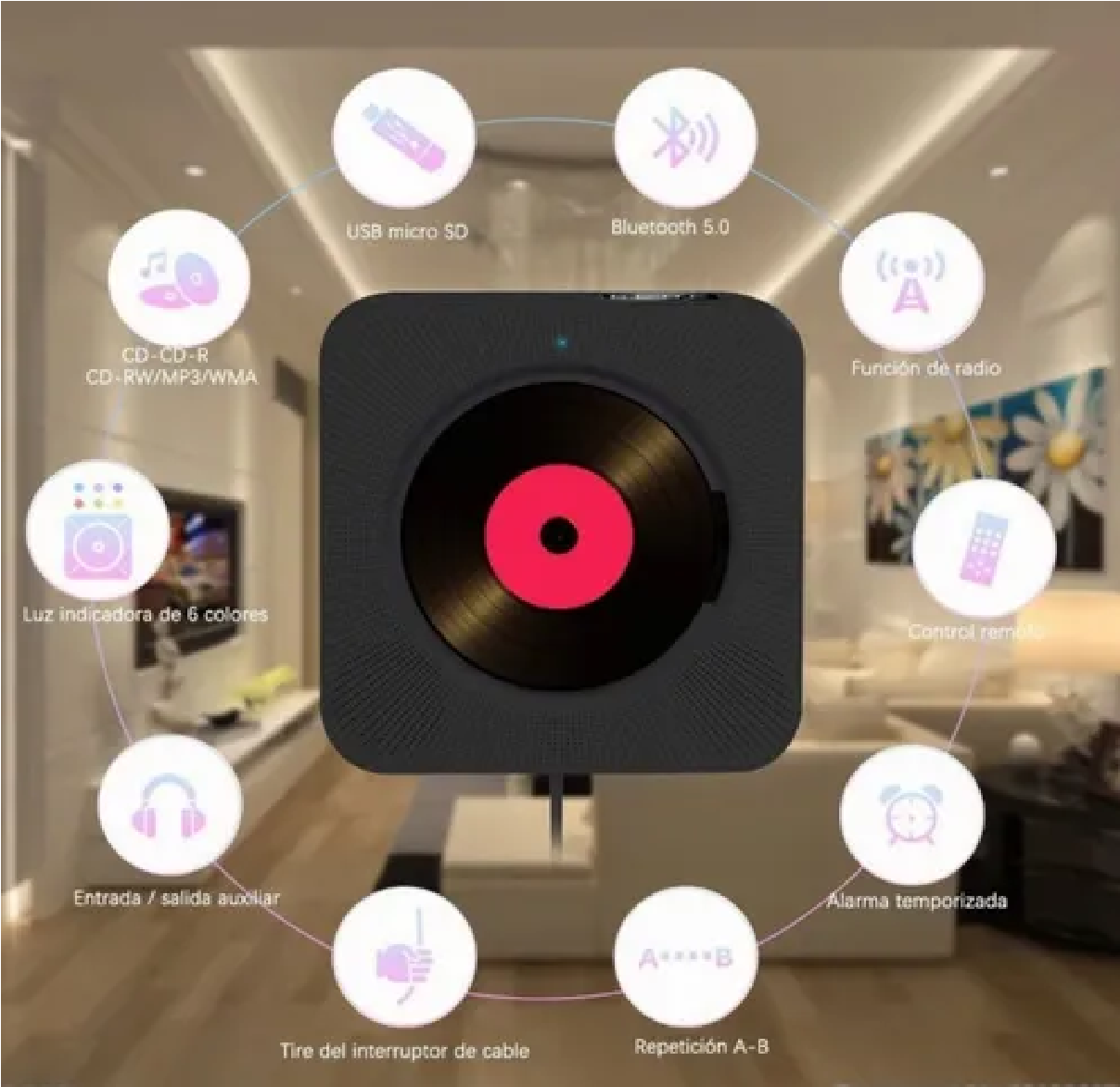 Reproductor Cd Player Portatil Bluetooth De Pared Negro