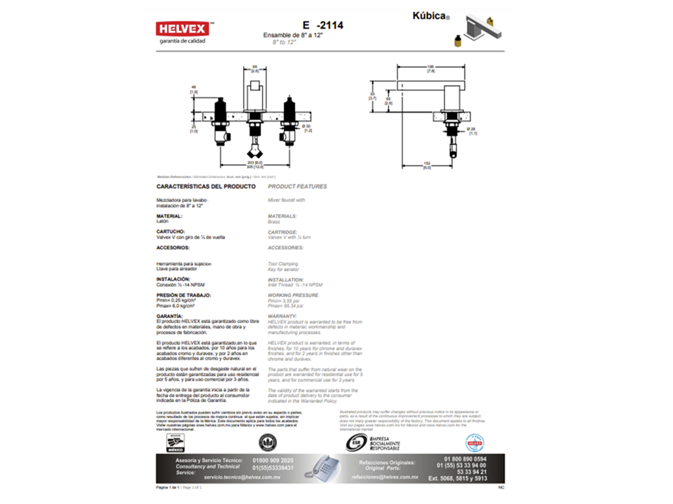 ENSAMBLE DE LAVABO CON DES AUT KUBICA E-2114 HELVEX COLOR CROMO