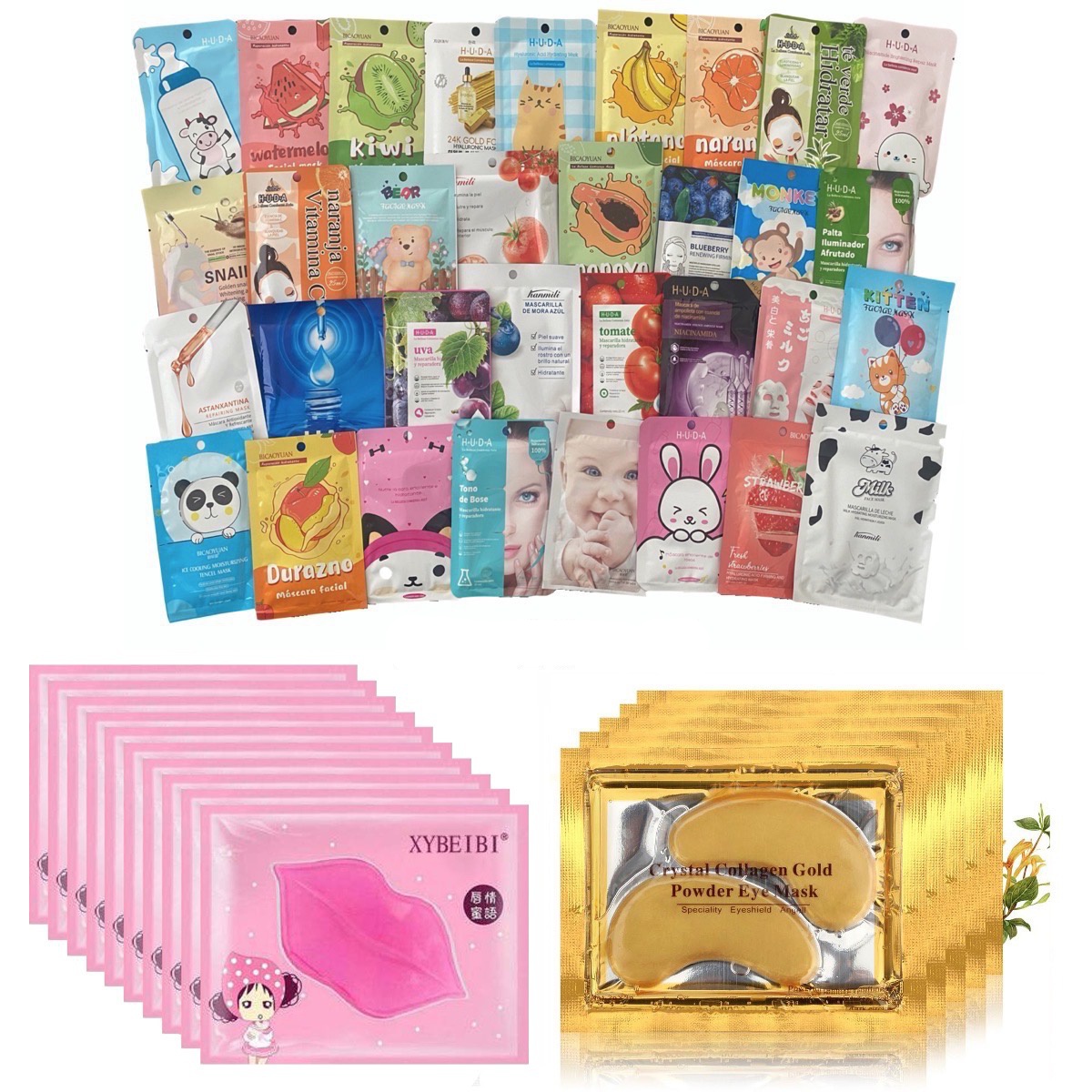 Paquete 10 Mascarillas Hidratantes + 10 Colágeno Labios + 10 Para Ojos