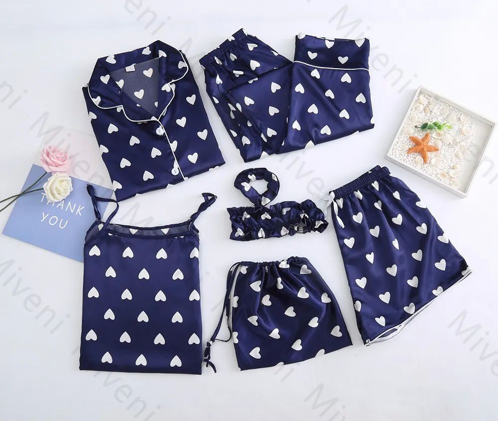 7 Piezas Pijamas Azul de Corazones Talla L