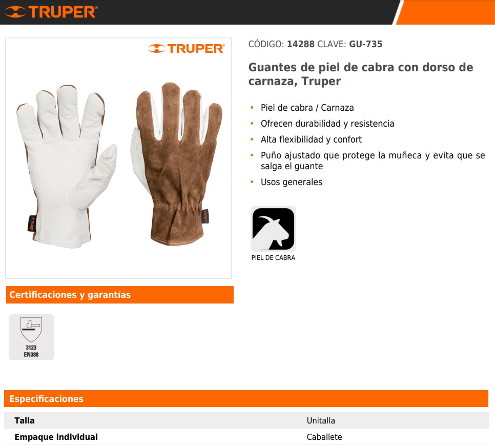 Guantes de piel de cabra con dorso de carnaza, Truper 14288