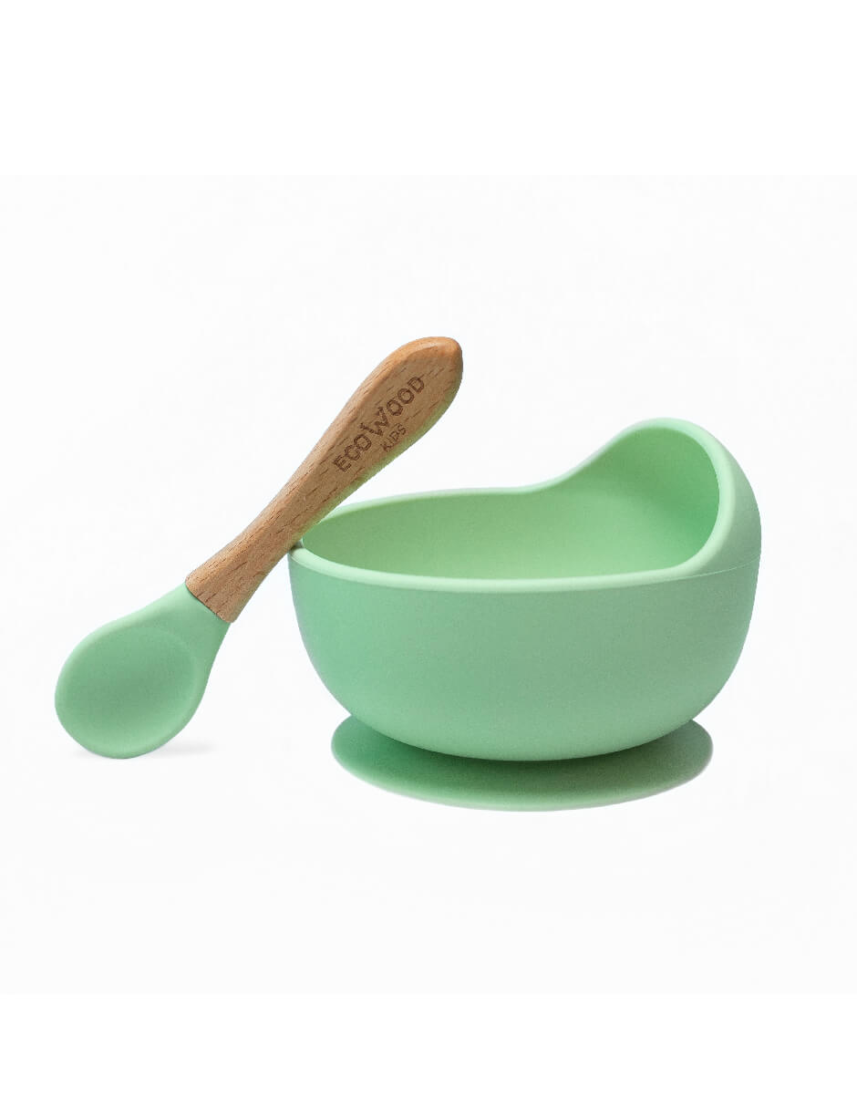 Bowl de Silicón Ecowood con Cuchara de Bambú para Bebe y Niño Antiderrame