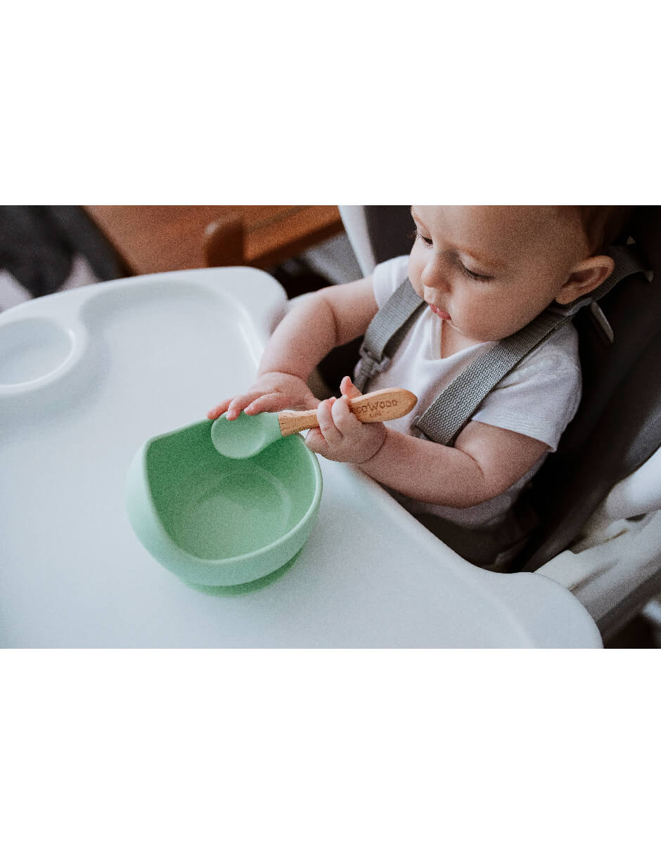 Bowl de Silicón Ecowood con Cuchara de Bambú para Bebe y Niño Antiderrame