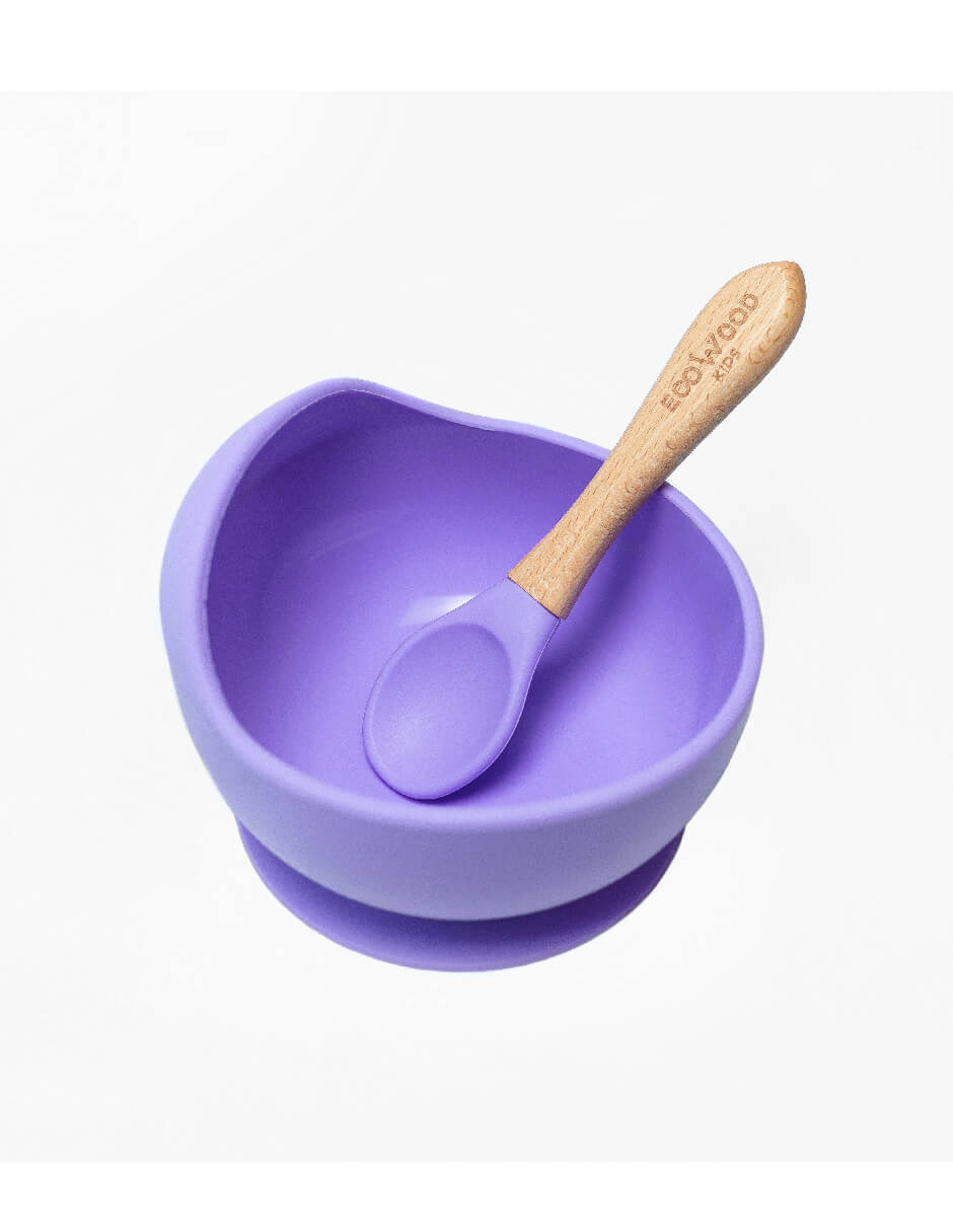 Bowl de Silicón Ecowood con Cuchara de Bambú para Bebe y Niño Antiderrame