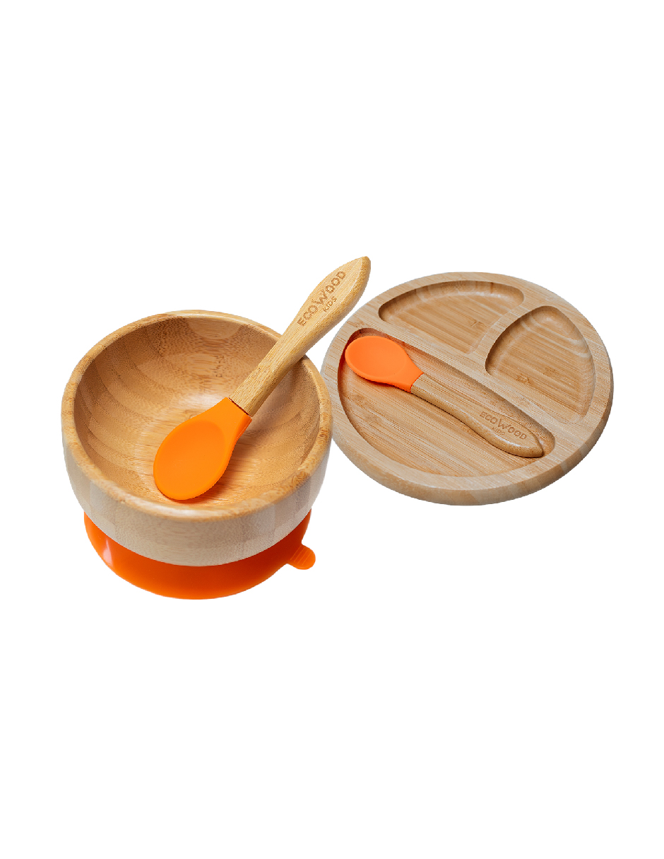 Bowl + Plato Extendido Ecowood de Bambú con Base de Silicona antiderrapante para Bebe y Niño