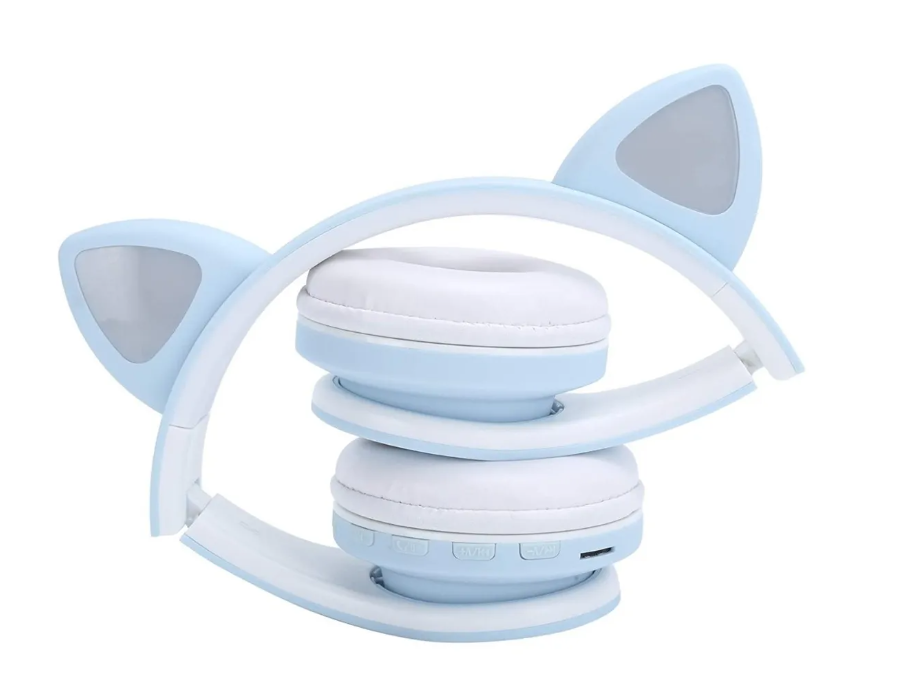 Audifonos Diadema Gato Azul Celeste Extra Bass Luces Bluetooth Inalambricos XY-203