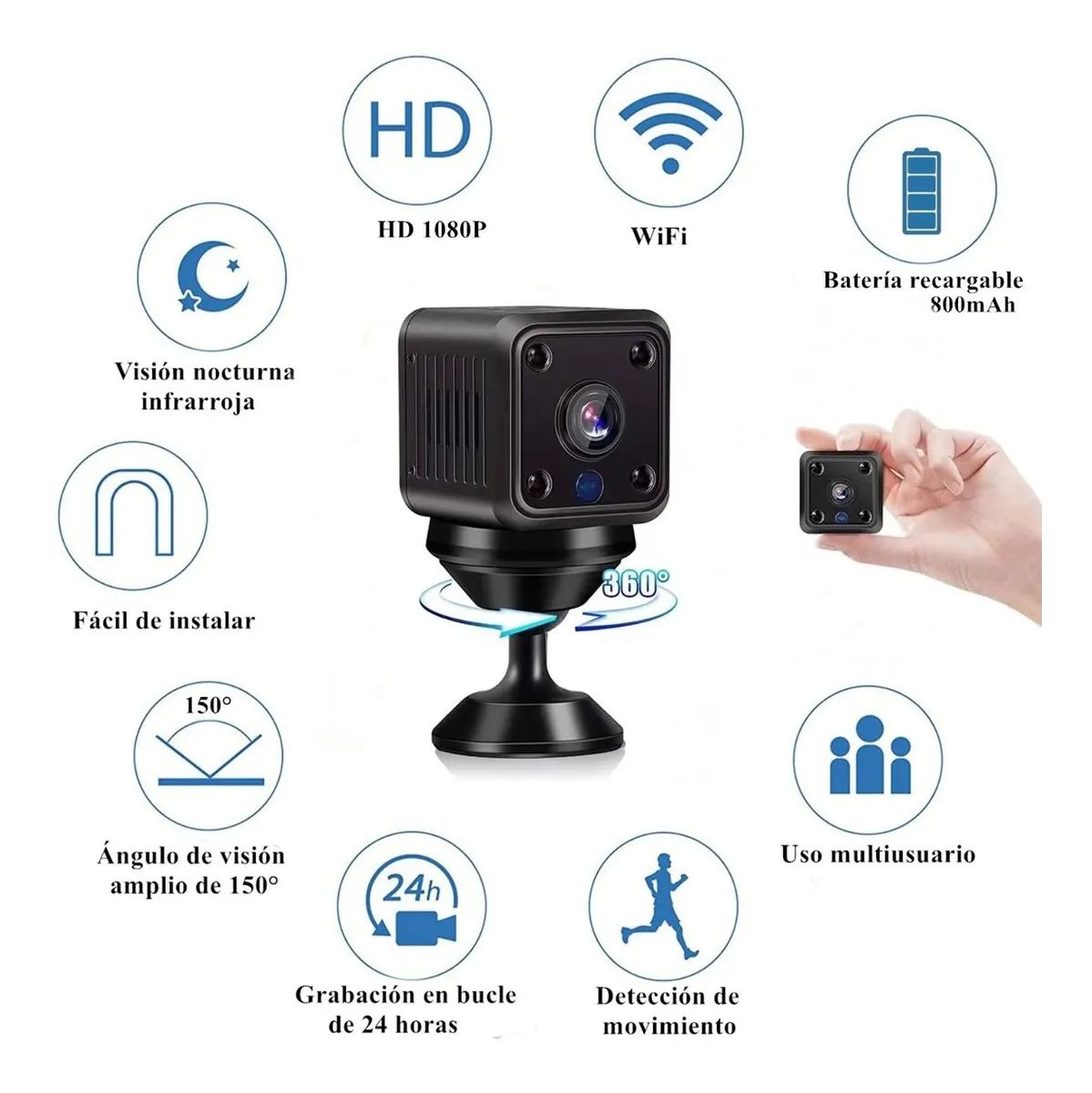 Mini Cámara Espía Wifi Visión Nocturna Recargable Negra