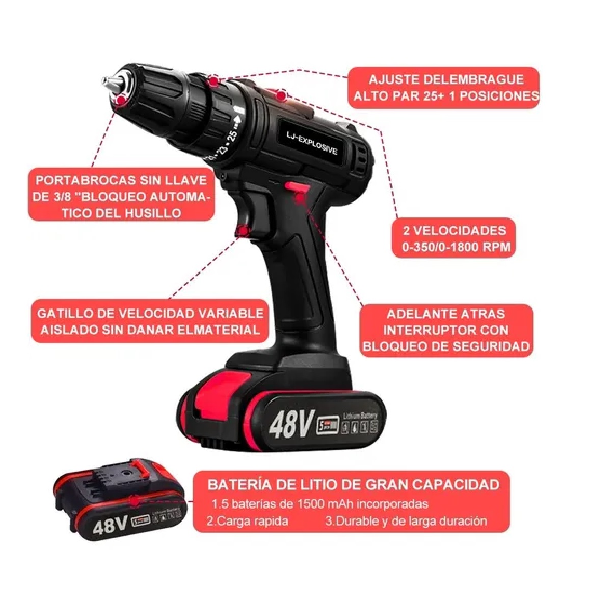 Kit Taladro Inalámbrico Desatornillardor Electrico 42v 3/8