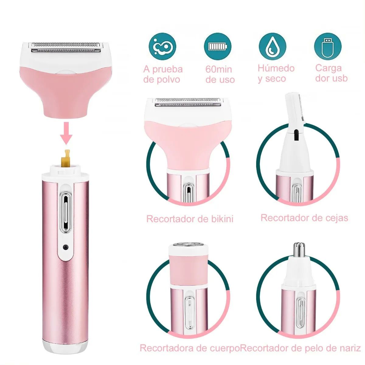 Kit Depilador Eléctrico 4 En 1 Resistente Al Agua Rosa