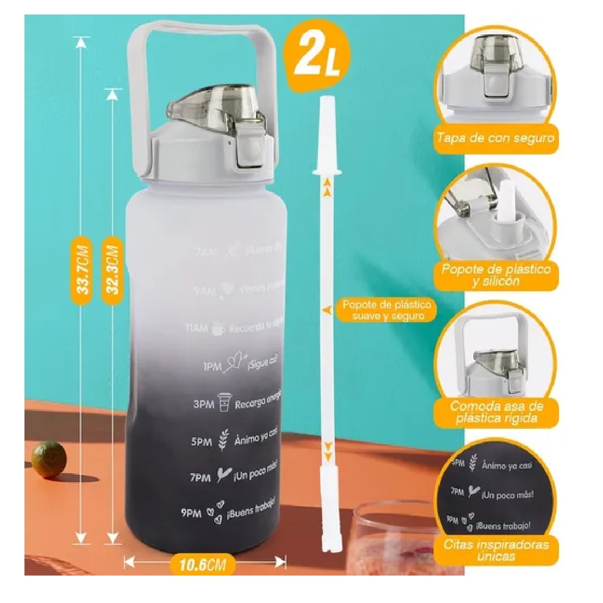 Botella De Agua 2 L Motivacional Deportiva Gris