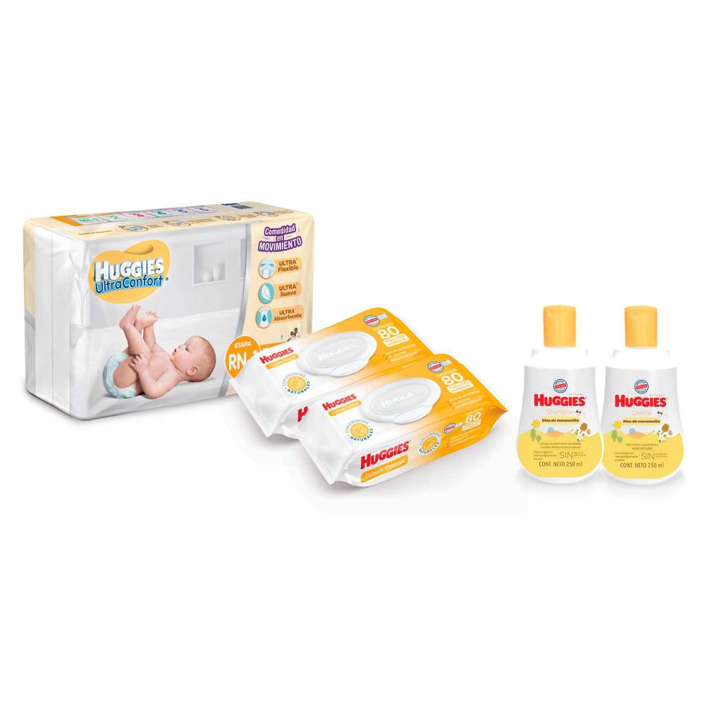 Combo 44 Pañales + 2 Toallitas + Shampoo+ Crema Huggies Recien Nacido - Baby Set