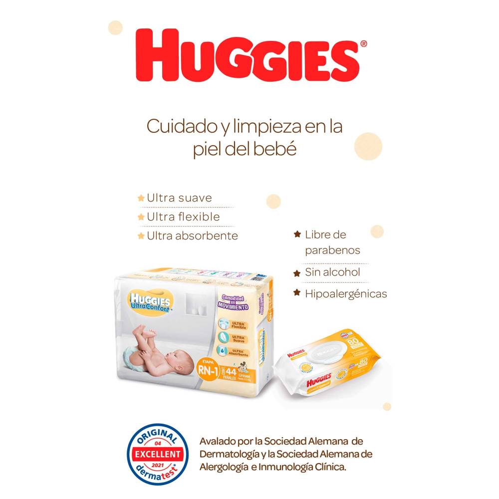 Combo 44 Pañales + 2 Toallitas + Shampoo+ Crema Huggies Recien Nacido - Baby Set